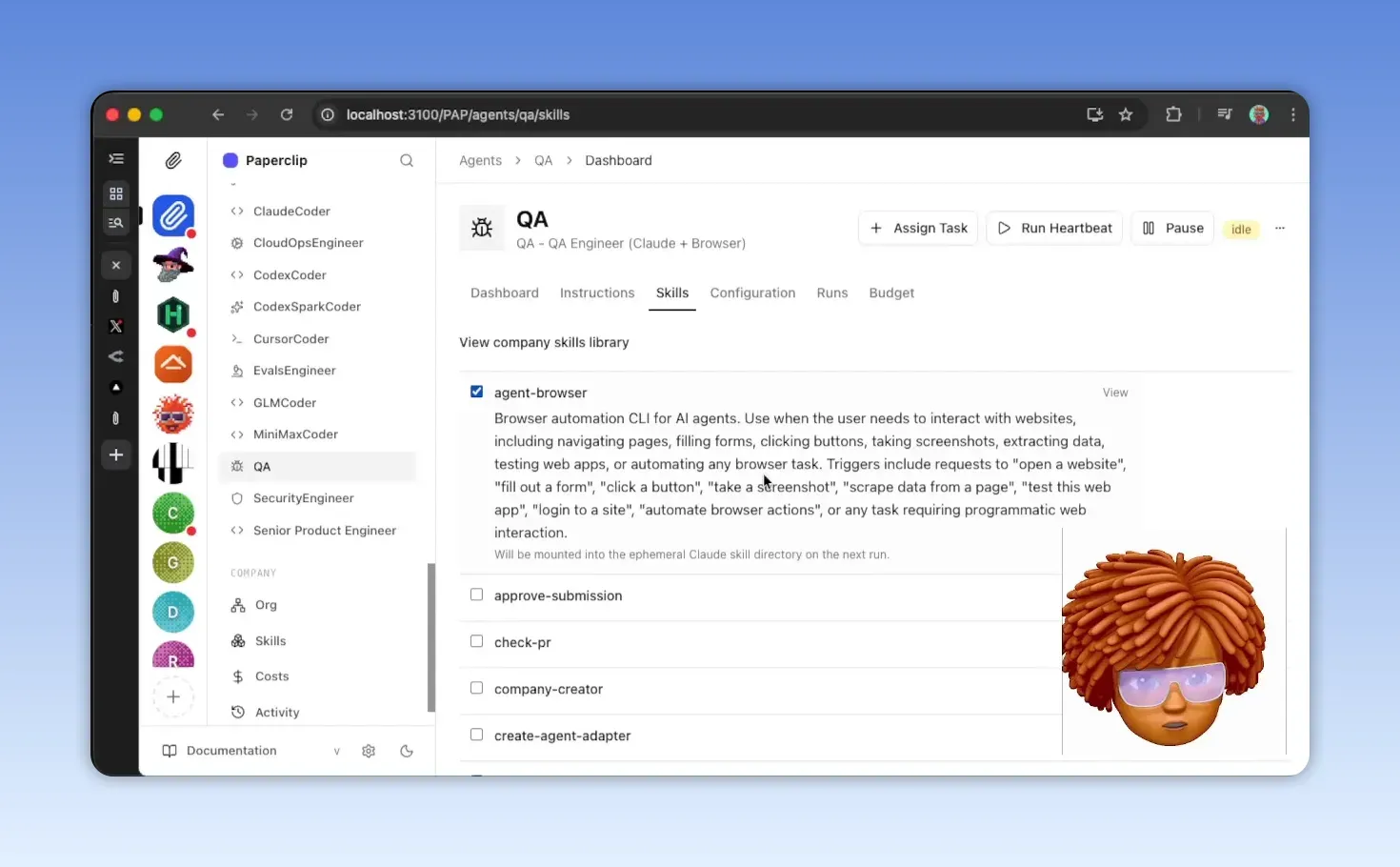 หน้าจอ Paperclip ส่วน QA แสดงรายการ skills เช่น agent-browser และ approve-submission เพื่อรองรับ workflow ตรวจและอนุมัติงาน
