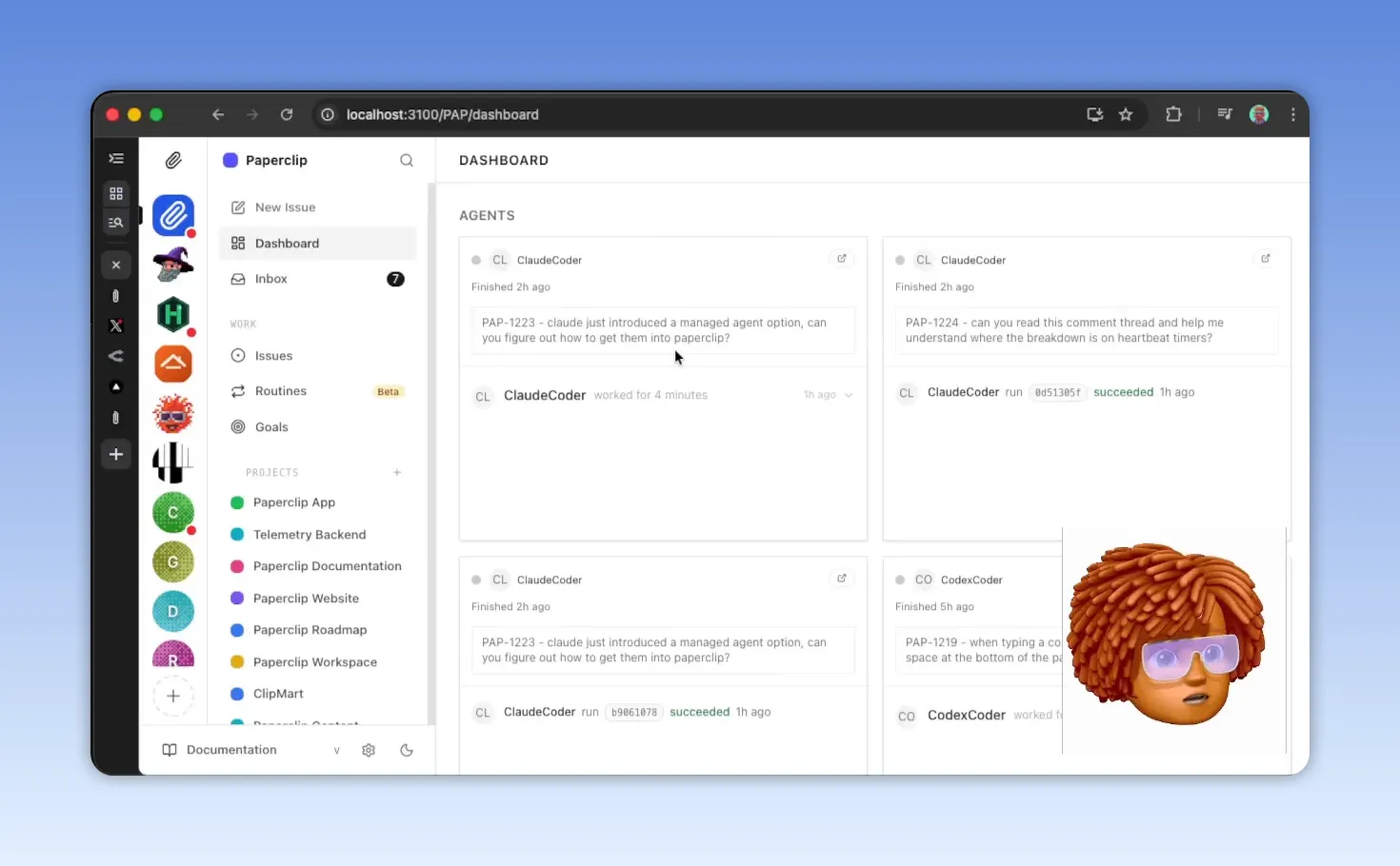หน้าจอ Paperclip Dashboard แสดงรายการ agent พร้อมสถานะ Finished และตัวอย่างงานที่รัน
